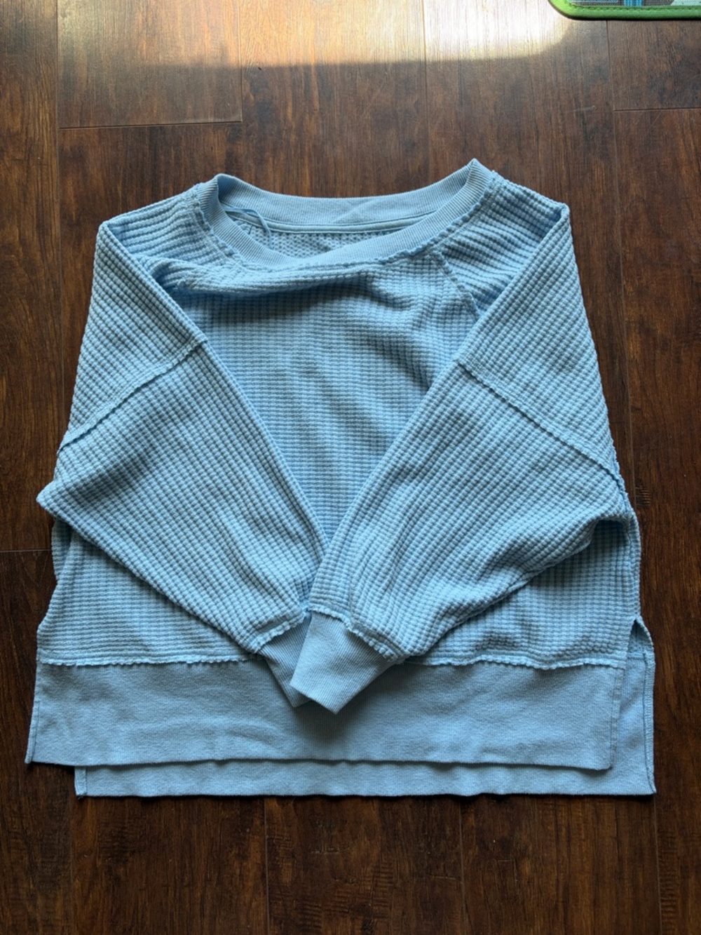 American Eagle Outfitters Light Blue Off-the-Shoulder Waffle Knit Sweater